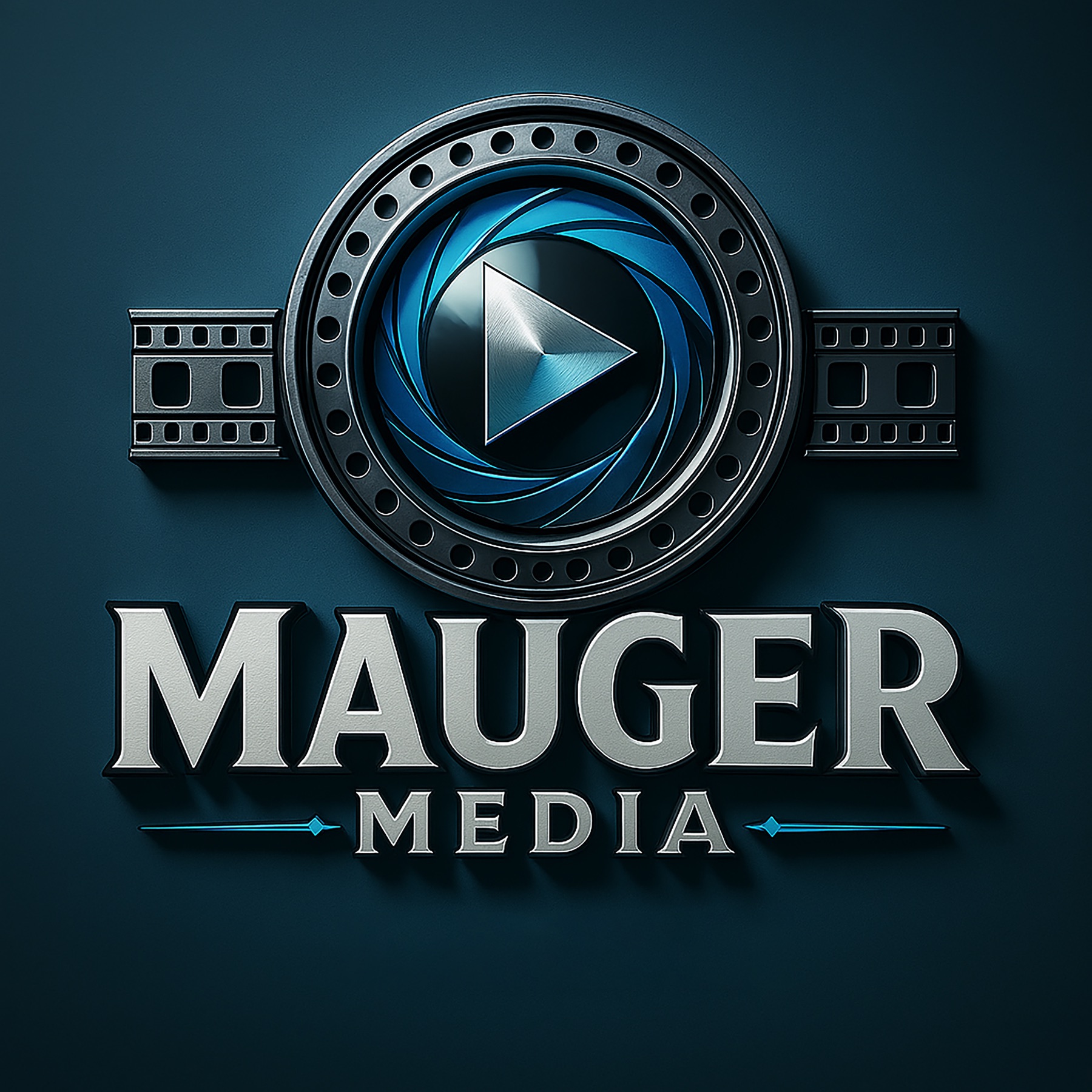 Mauger Media silver and blue camera lens logo